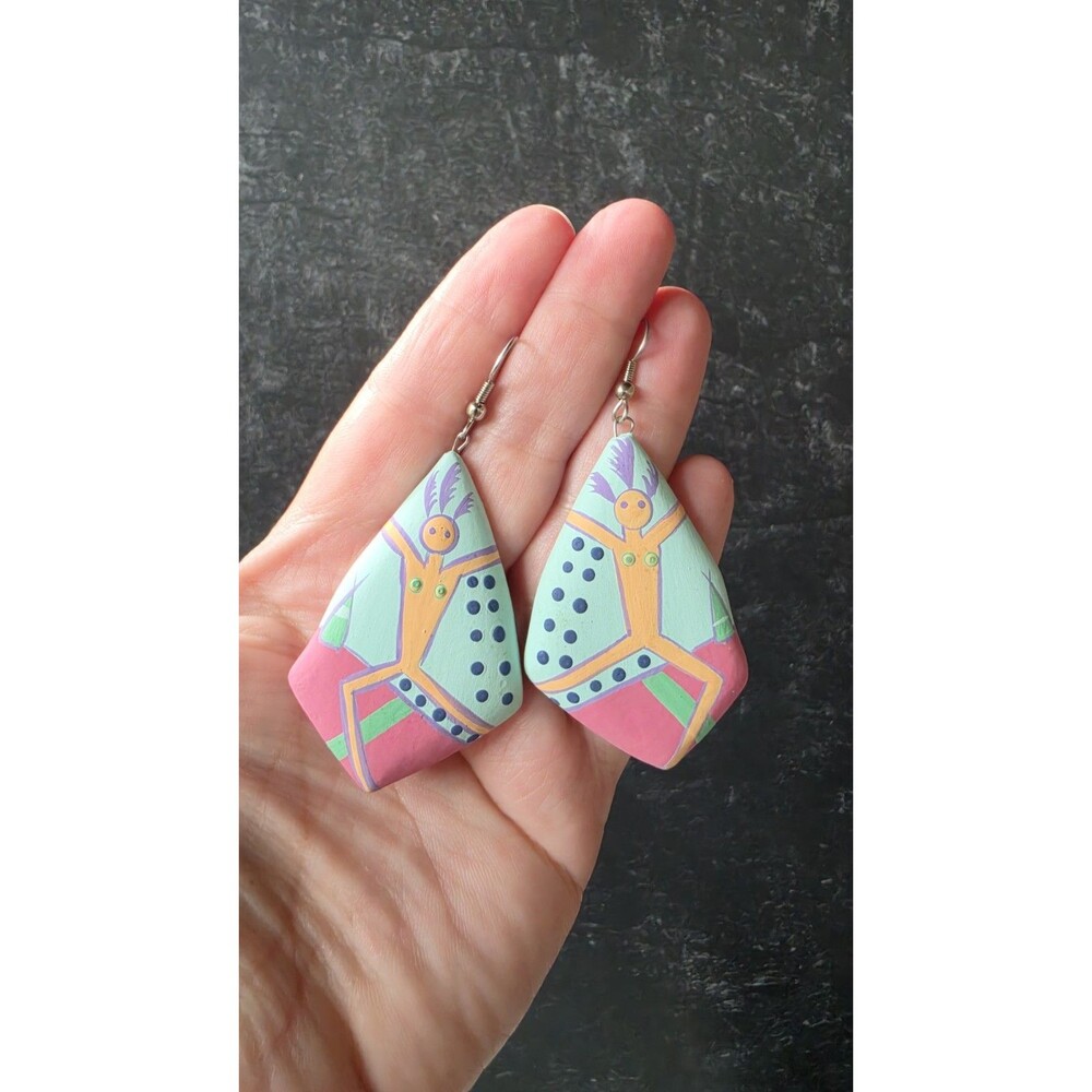Bohemian Wooden Handpainted Dangling Earrings Vintage Costume Jewelry